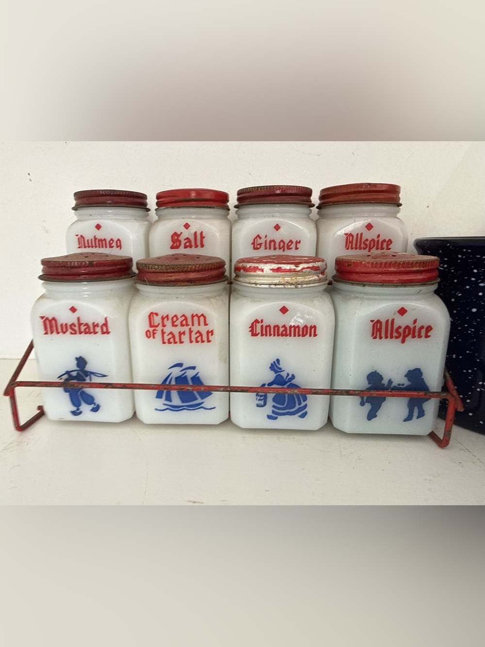 Vintage dove frank milk glass spice canister set with original sitting rack